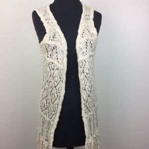 Open Weave Ivory Sleeveless Cardigan with Tassels